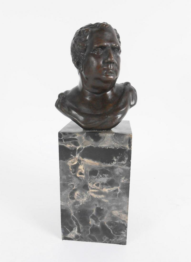 Bronze Bust, 19th Century: Bronze bust of a Roman senator or emperor, probably French or Italian, circa 19th century. Unsigned. H. (including marble base) 9 inches.