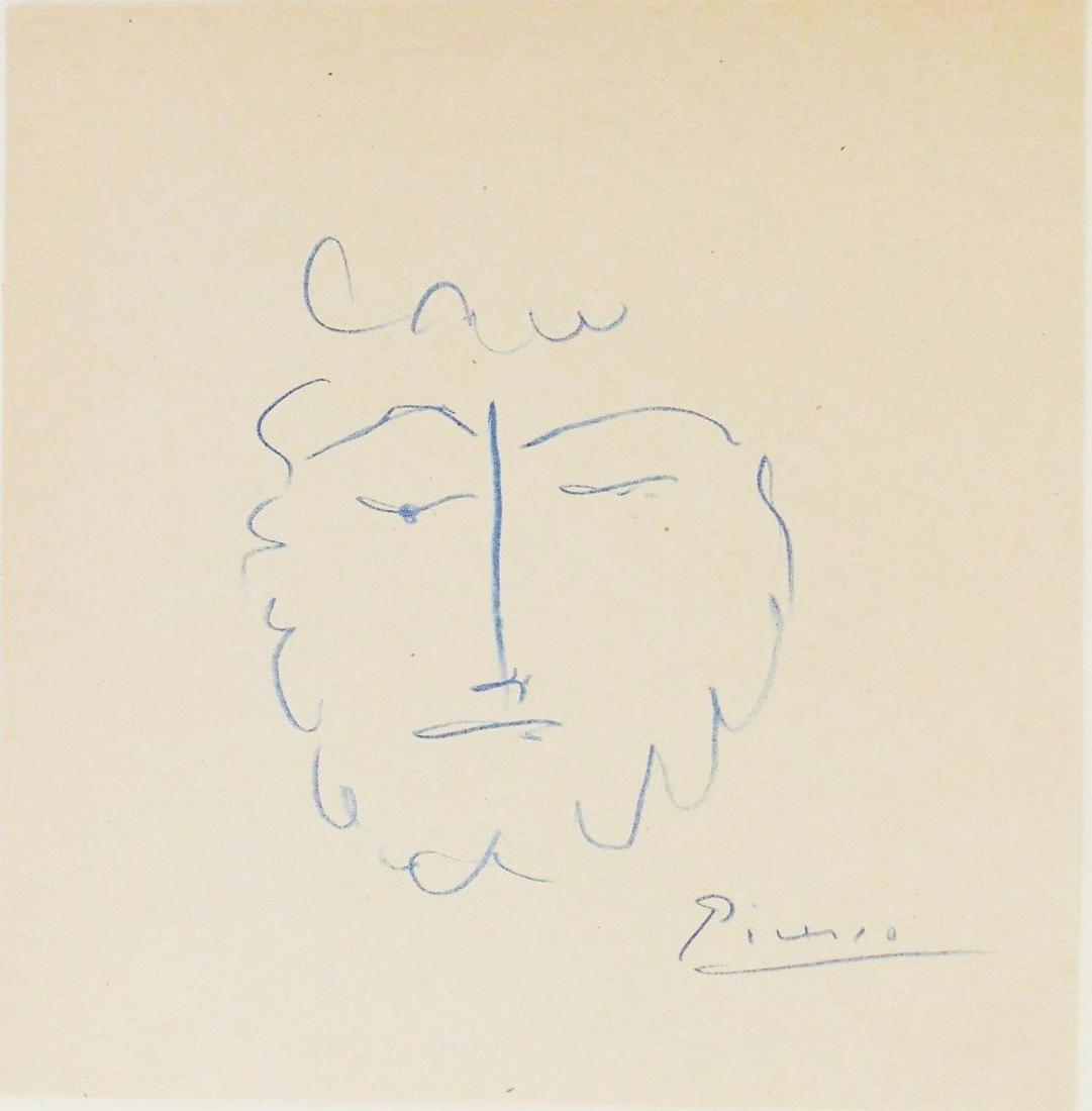 Pablo Picasso (1881-1973) Colored Pencil Sketch: Colored pencil sketch on wove paper, portrait of a man with beard, signed* (Pablo Picasso, 1881-1973). 7 1/8 x 7 inches. Very good condition. Unframed for inspection and shipping. Sold without frame. 