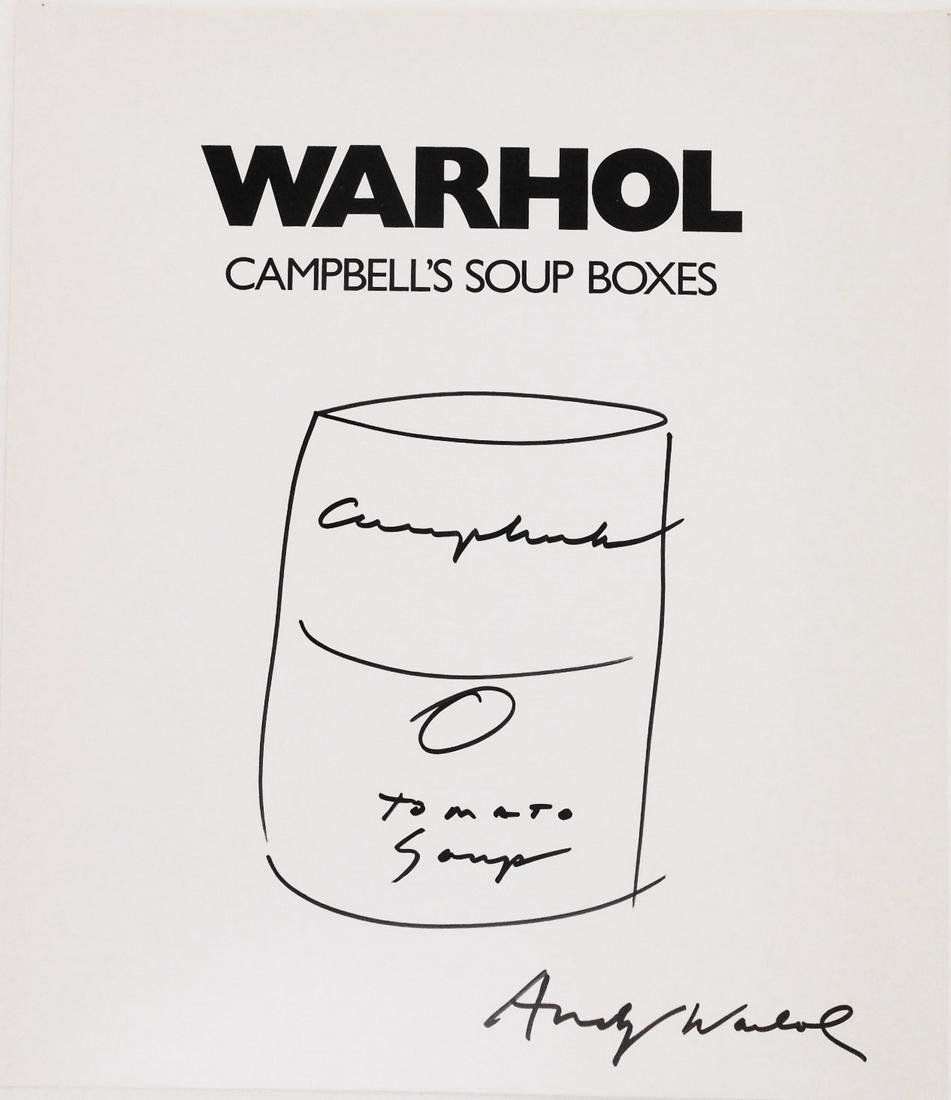 Andy Warhol (1928-1987) Souvenir Drawing: Black marker pen drawing of a tomato soup can executed on a printed page from "Warhol Campbell's Soup Boxes," signed* (Andy Warhol, 1928-1987). 11 x 9 1/2 inches. Very good overall condition. Has been