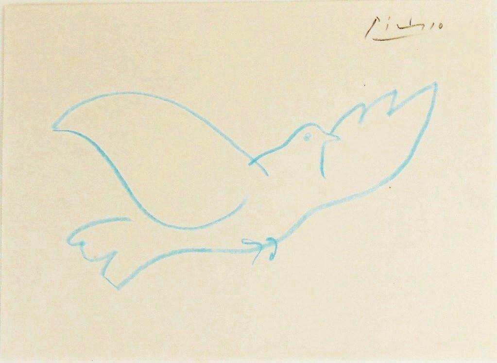 Pablo Picasso (1881-1973) Colored Pencil Drawing: Blue pencil drawing on fine wove paper, dove of peace, signed* (Pablo Picasso, 1881-1973). 5 7/8 x 8 inches. Very good condition, having no apparent damage or repairs. Unframed for inspection and ship