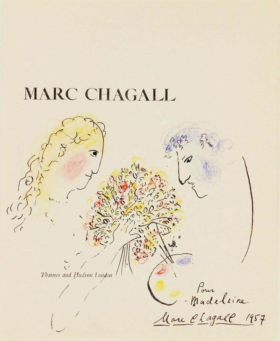 Marc Chagall (1887-1985) Souvenir Drawing: Pen and ink drawing highlighted with colored chalks, untitled (portrait of the artist with a woman holding a bouquet), signed* (Marc Chagall, 1887-1985). Executed on the title page of "Marc Chagall," 