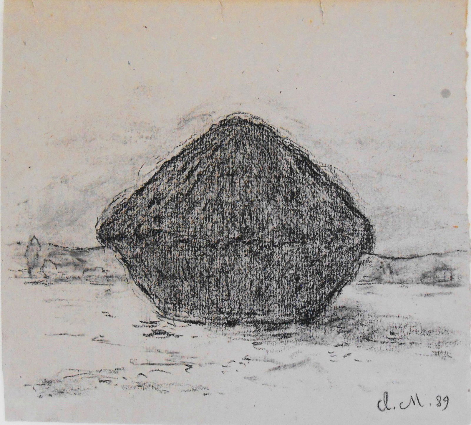 Claude Monet (1840-1926) Charcoal Drawing: Charcoal drawing on handmade grey pastel paper, grainstack in a field, signed with the artist's initials* (Claude Monet, 1840-1926). Dated 1889. 7 5/8 x 8 3/8 inches. Good condition overall considerin