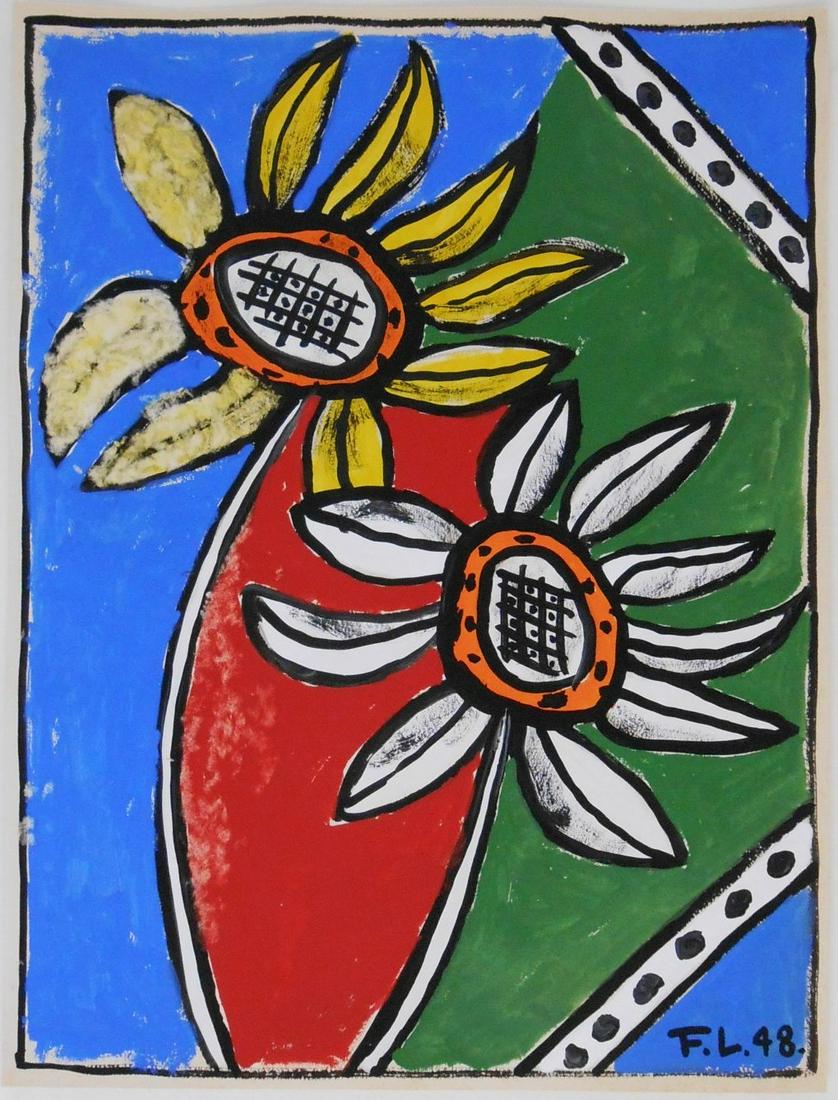 Fernand Leger (1881-1955) Gouache: Gouache on wove paper, untitled abstract, signed* with the artist's initials (Fernand Leger, 1881-1955). Dated '48. 8 1/4 x 6 1/4 inches. Some apparent moisture or water damage to upper left, otherwis