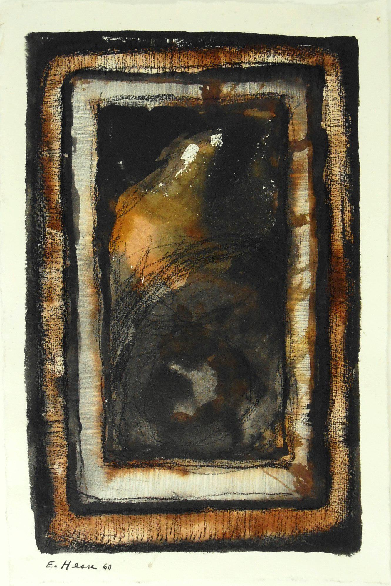 Eva Hesse (1936-1970) Mixed Media Drawing: Black and brown ink with graphite and charcoal on handmade wove paper, untitled abstract, signed* (Eva Hesse, 1936-1970). Dated '60. 11 3/4 x 7 7/8 inches. Appears to be in very good condition, having