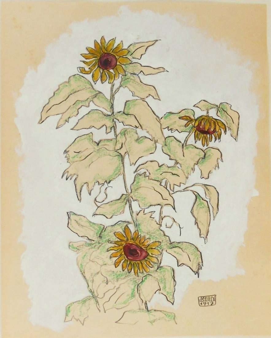 Egon Schiele (1890-1918) Mixed Media: Black pencil drawing with watercolor and crayon, heightened with white gouache on wove paper, untitled (stalks of sunflowers), signed with the artist's monogram* (Egon Schiele, 1890-1918). Dated 1917.
