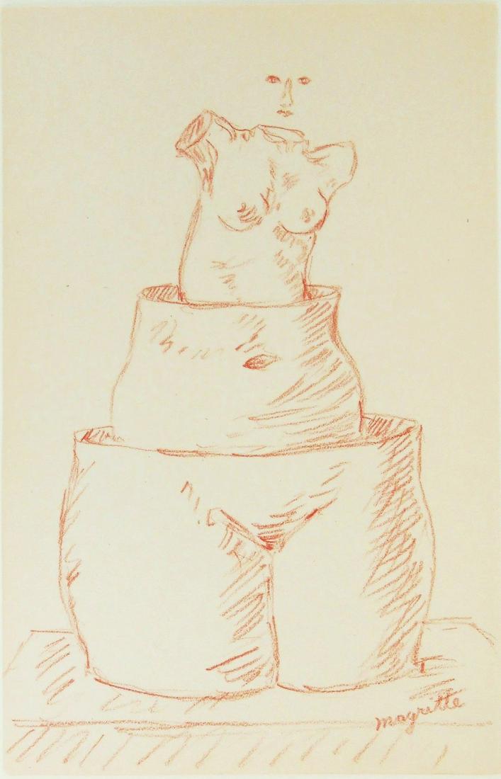 Rene Magritte (1898-1967) Colored Pencil Drawing: Red pencil drawing on wove paper, untitled (possibly a preparatory drawing for "La Folie des Grandeurs") signed* (Rene Magritte, 1898-1967). 9 1/8 x 5 7/8 inches. Very good condition overall. Unframed