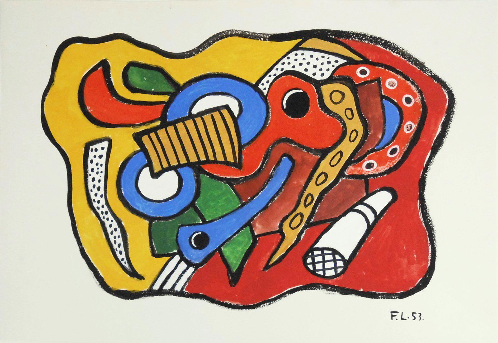 Fernand Leger (1881-1955) Gouache: Gouache on wove paper, untitled abstract, signed* with the artist's initials (Fernand Leger, 1881-1955). Dated '53. 10 x 14 3/8 inches. Very good condition overall, having no apparent damage or repair