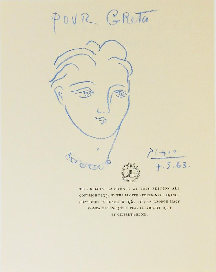 Pablo Picasso (1881-1973) Colored Pencil Drawing: Blue pencil souvenir drawing executed on the reverse of the title page for "Lysistrata," Gilbert Seldes edition, 1962. Portrait of a woman wearing a pearl necklace, signed* (Pablo Picasso, 1881-1973).