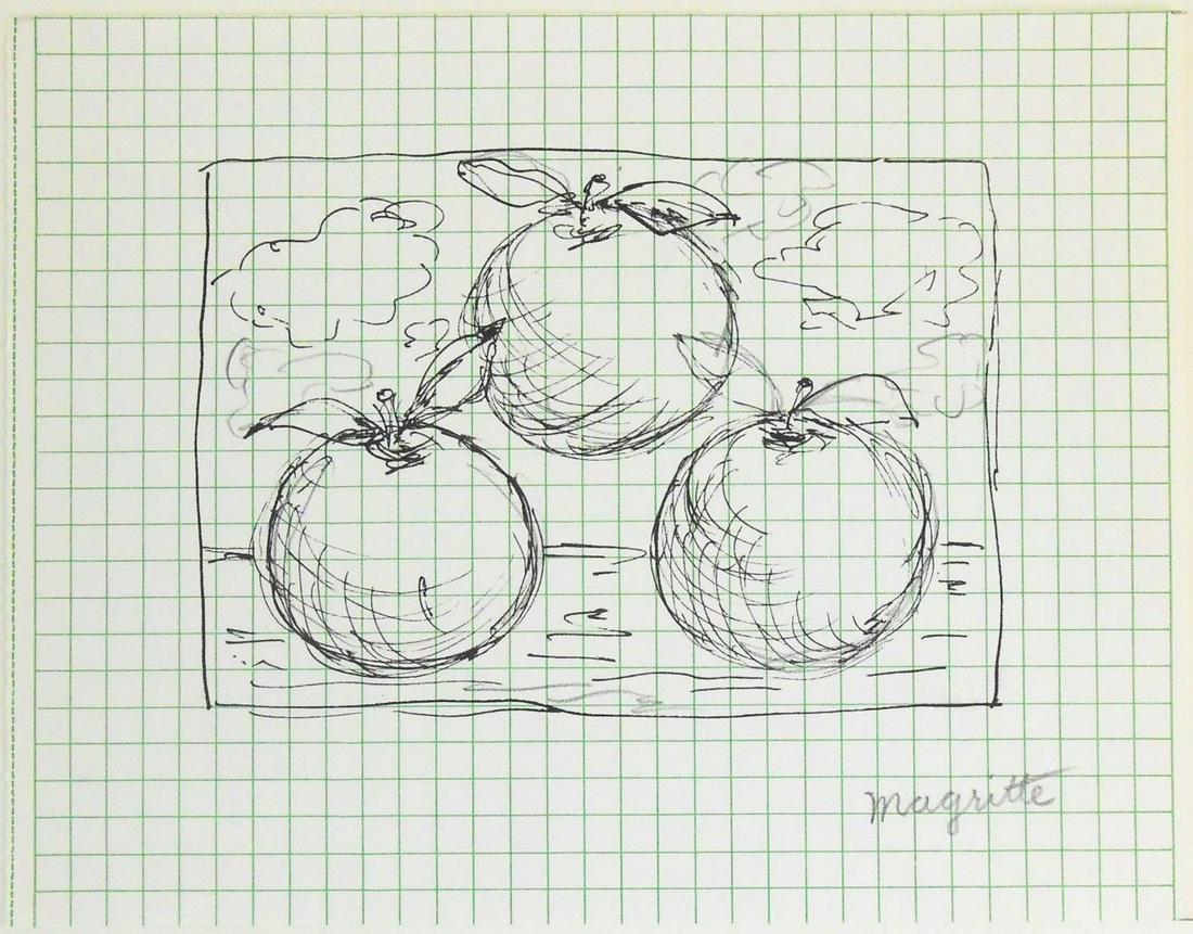 Rene Magritte (1898-1967) Pen & Ink Sketch: Pen and ink drawing with traces of pencil on gridded graph paper, untitled (floating apples with clouds), signed* (Rene Magritte, 1898-1967). 6 1/4 x 8 1/8 inches. Very good condition, having no appar