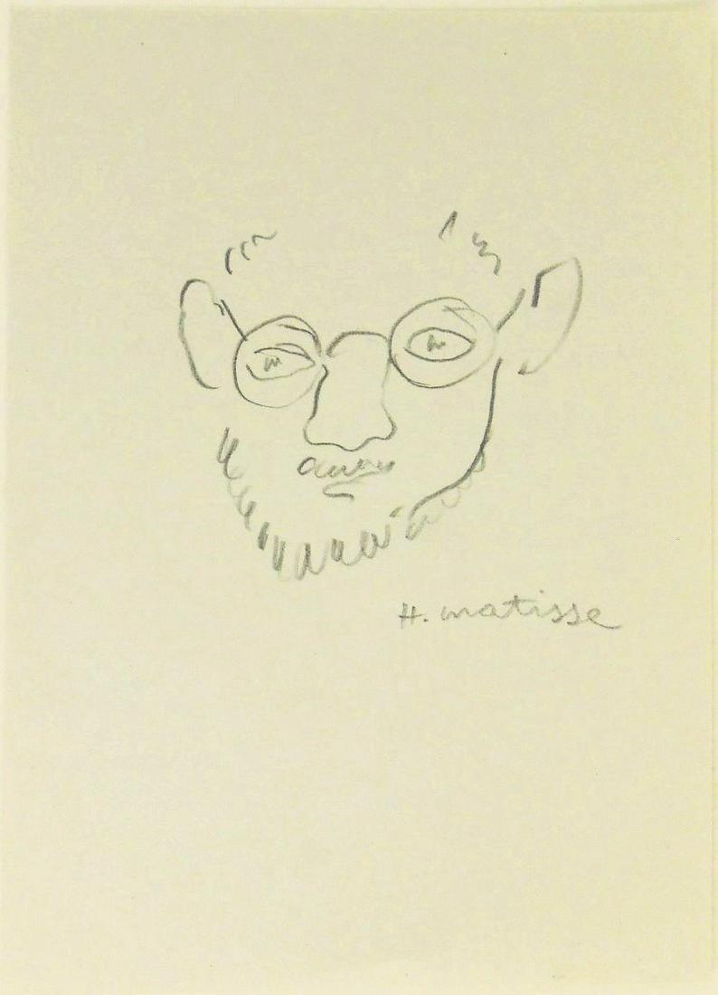 Henri Matisse (1869-1954) Pencil Drawing: Pencil drawing on wove paper, self-portrait, signed* (Henri Matisse, 1869-1954). 7 1/4 x 5 1/4 inches. Very good condition overall. Has been removed from its frame for inspection and post-auction ship