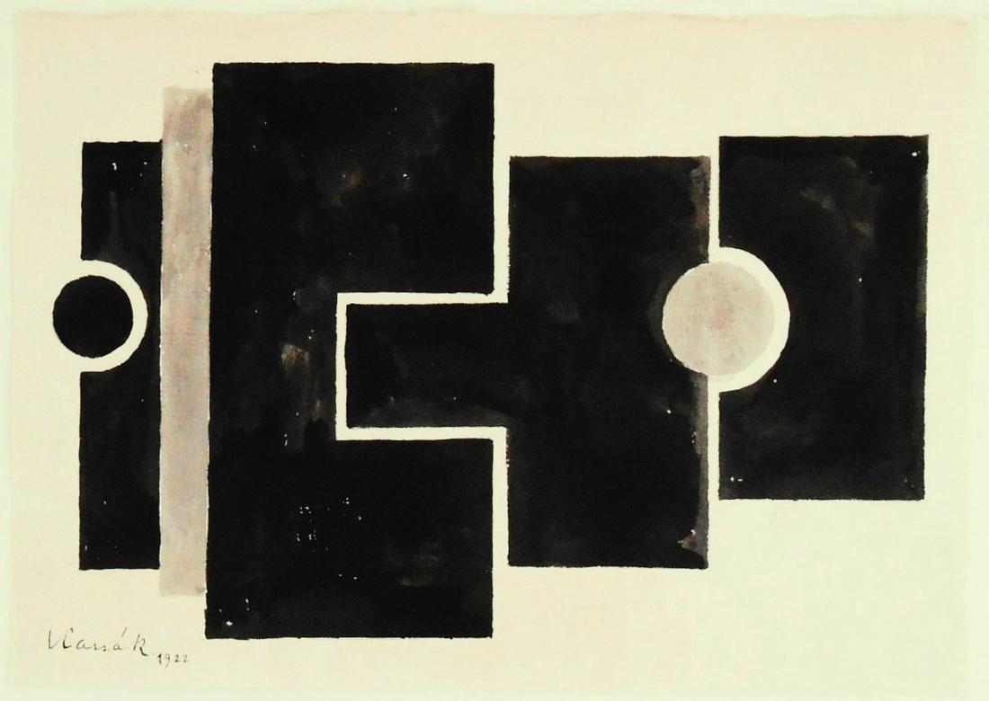 Lajos Kassak (1887-1967) Watercolor: Watercolor on laid paper, abstract geometric design, signed* (Lajos Kassak,1887-1967) and dated 1922, lower left. 6 x 8 1/2 inches. Very good condition, having no apparent damage or repairs. This lot 