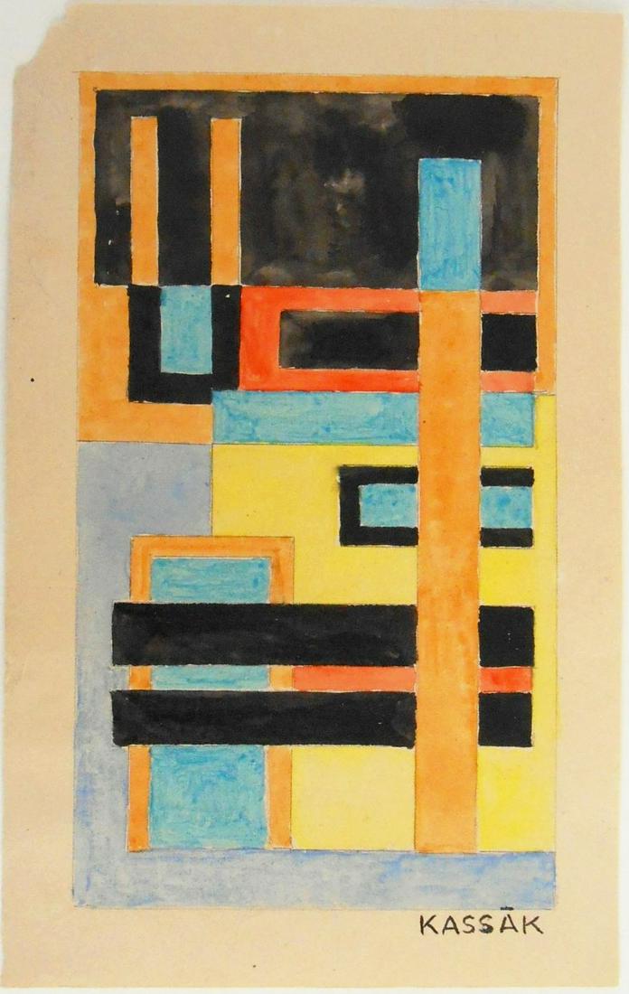 Lajos Kassak (1887-1967) Watercolor: Watercolor with traces of pencil on wove paper, geometric composition, signed* (Lajos Kassak, 1887-1967). 5 3/8 x 3 3/8 inches. Overall good condition; small loss to upper left corner. Unframed for in
