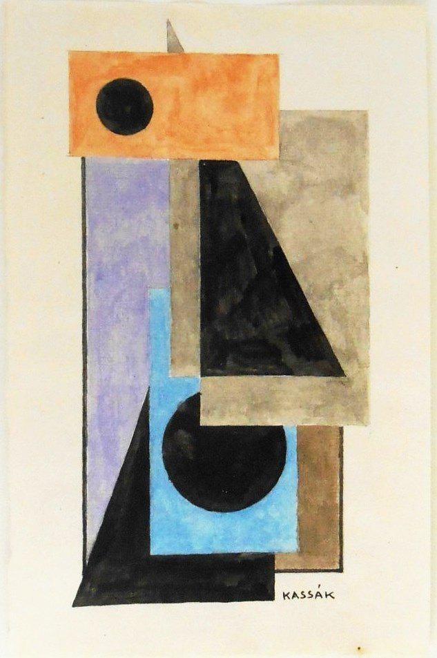 Lajos Kassak (1887-1967) Watercolor: Watercolor with traces of pencil on fine laid paper, geometric composition, signed* (Lajos Kassak, 1887-1967). 9 x 5 3/4 inches. Very good condition. Unframed for inspection and post-auction shipping.