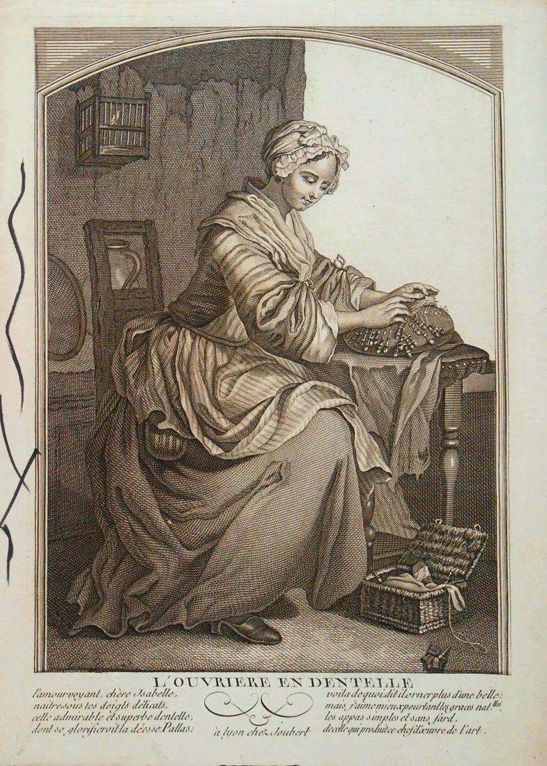 French Engraving, Circa 1825: "L'Ouvriere en Dentelle," printed in Lyon by Chez Joubert, circa 1825. A few small margin tears and imperfections. 13 7/8 x 10 1/4 inches. Currently unframed.