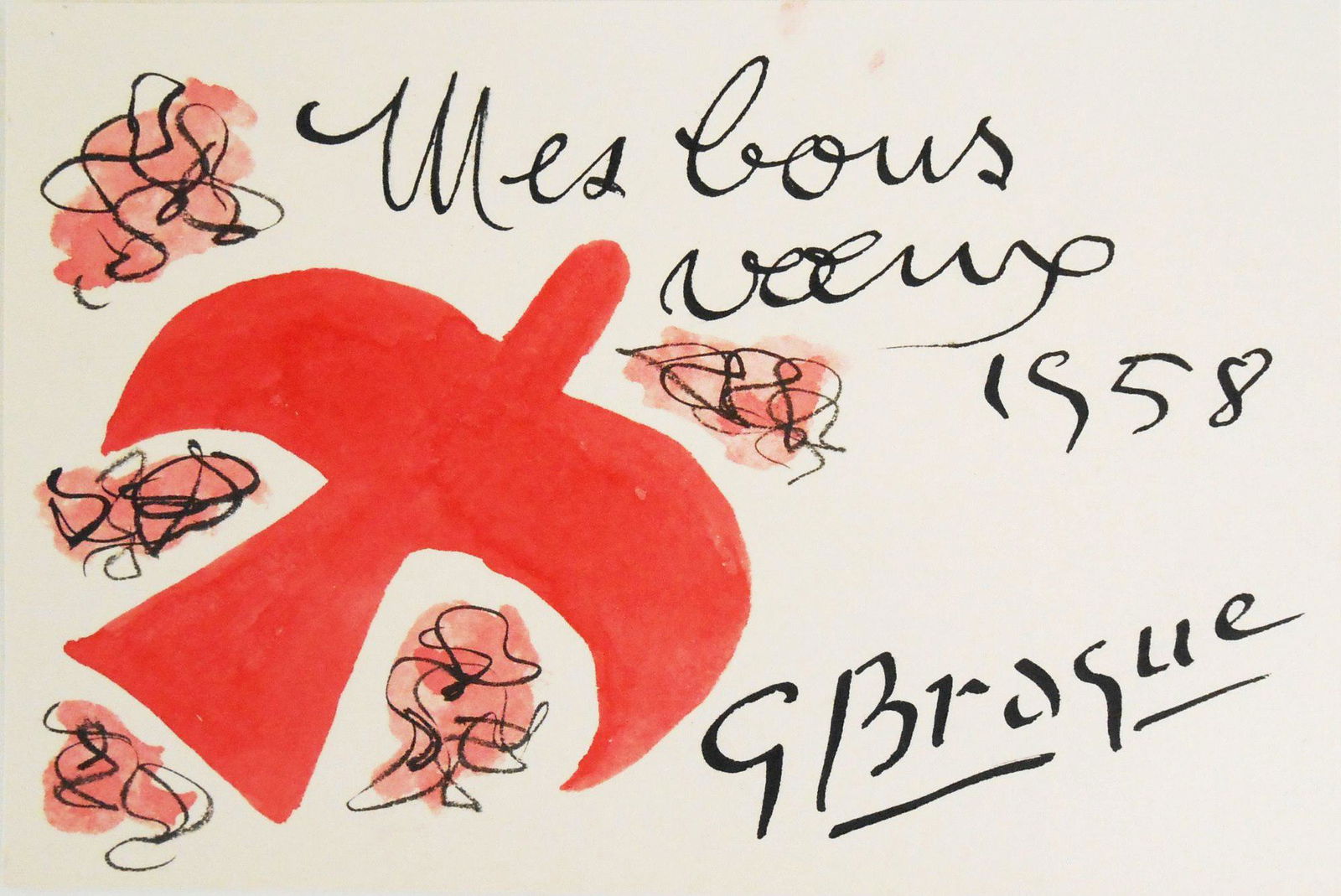 Georges Braque (1882-1963) Greeting Card: Watercolor and black ink on fine quality wove paper, hand-drawn greeting card, "Mes Bons Voeux" (My Good Wishes), signed* and dated 1958. 3 7/8 x 5 7/8 inches. Very good condition. Unframed.Provenance