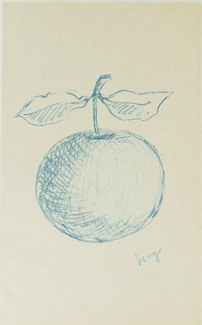 Rene Magritte (1898-1967) Colored Pencil Sketch: Blue pencil sketch on wove paper, untitled (apple), signed with the artist's abbreviated signature* (Rene Magritte, 1898-1967). 9 1/8 x 5 5/8 inches. Very good condition, having no apparent damage or 