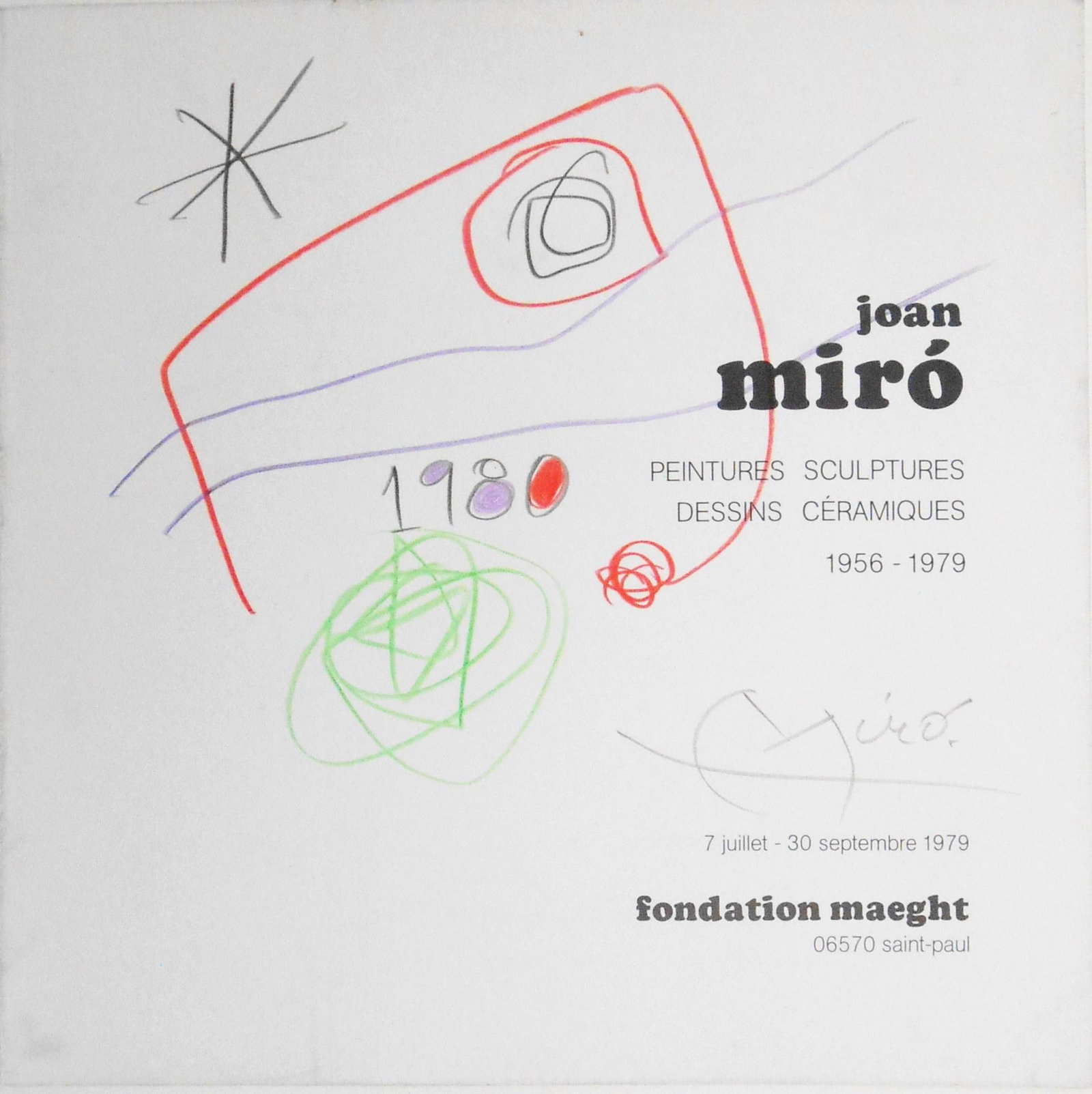 Joan Miro (1893-1983) Title Page Drawing: Pencil and colored pencil sketch executed on the title page of "Joan Miro", an exhibition catalog published by Fondation Maeght, 1979. Untitled abstract with constellation, pencil signed* (Joan Miro, 