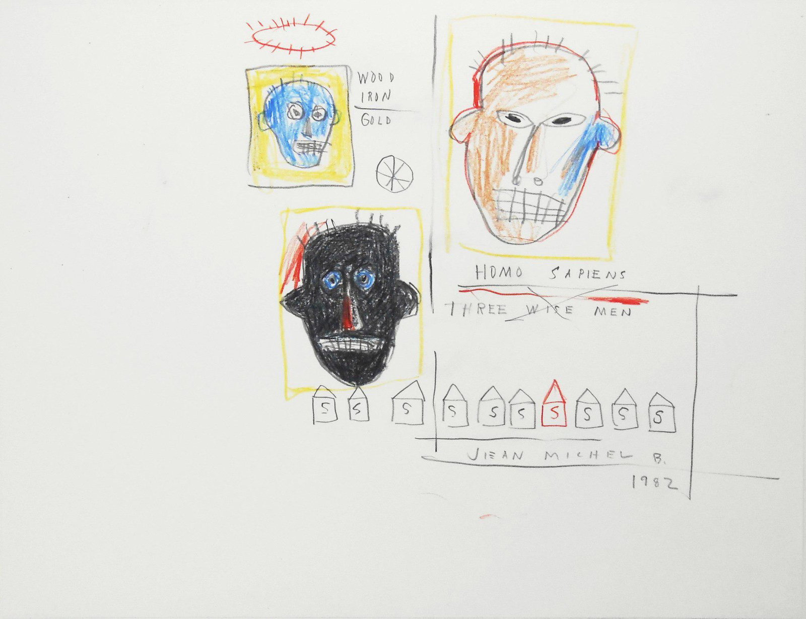 Jean-Michel Basquiat (1960-1988) Mixed Media: Mixed media drawing on wove paper, untitled ("Wood, Iron, Gold"), signed* (Jean-Michel Basquiat, 1960-1988). Dated 1982. 16 3/4 x 22 1/8 inches. Very good condition overall. Unframed for inspection an