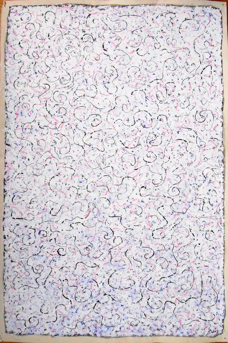 Mark Tobey (1890-1976) Gouache: Large gouache on wove paper, abstract with pink and black swirls, signed* (Mark Tobey, 1890-1976). 29 3/4 x 20 inches. Very good condition. Has been removed from its frame for inspection and shipping.