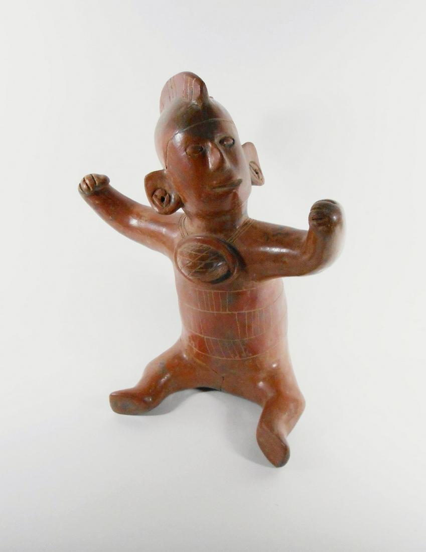 Pre-Columbian Style Pottery Figure: Pre-Columbian seated figure, possibly western Mexico, Colima. H. 15 1/2 inches. Repair to one leg. Provenance: Property of a prominent Dallas ethnographica collector Note: Preston Hall Gallery has not