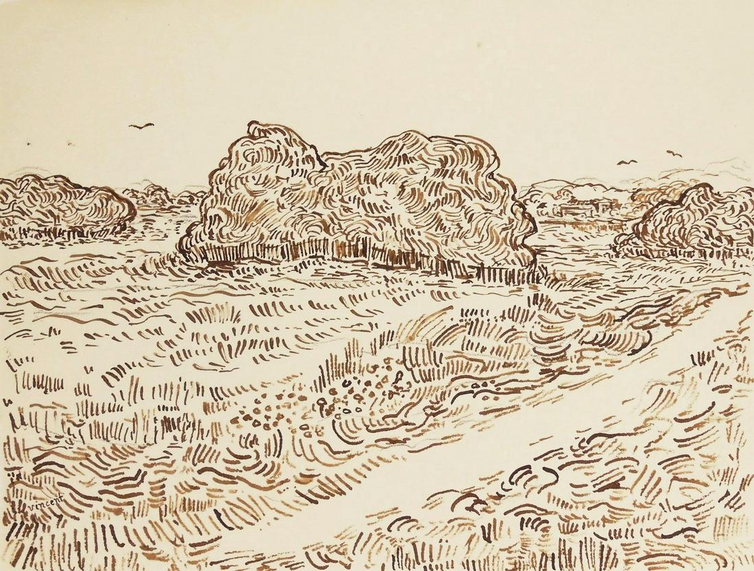 Vincent Van Gogh (1853-1890) Pen & Ink: Pen and brown ink drawing on laid paper, haystacks, signed* (Vincent van Gogh, 1853-1890). 8 1/2 x 11 1/8 inches. Good condition overall. Has been removed from frame for inspection and shipping. Sold
