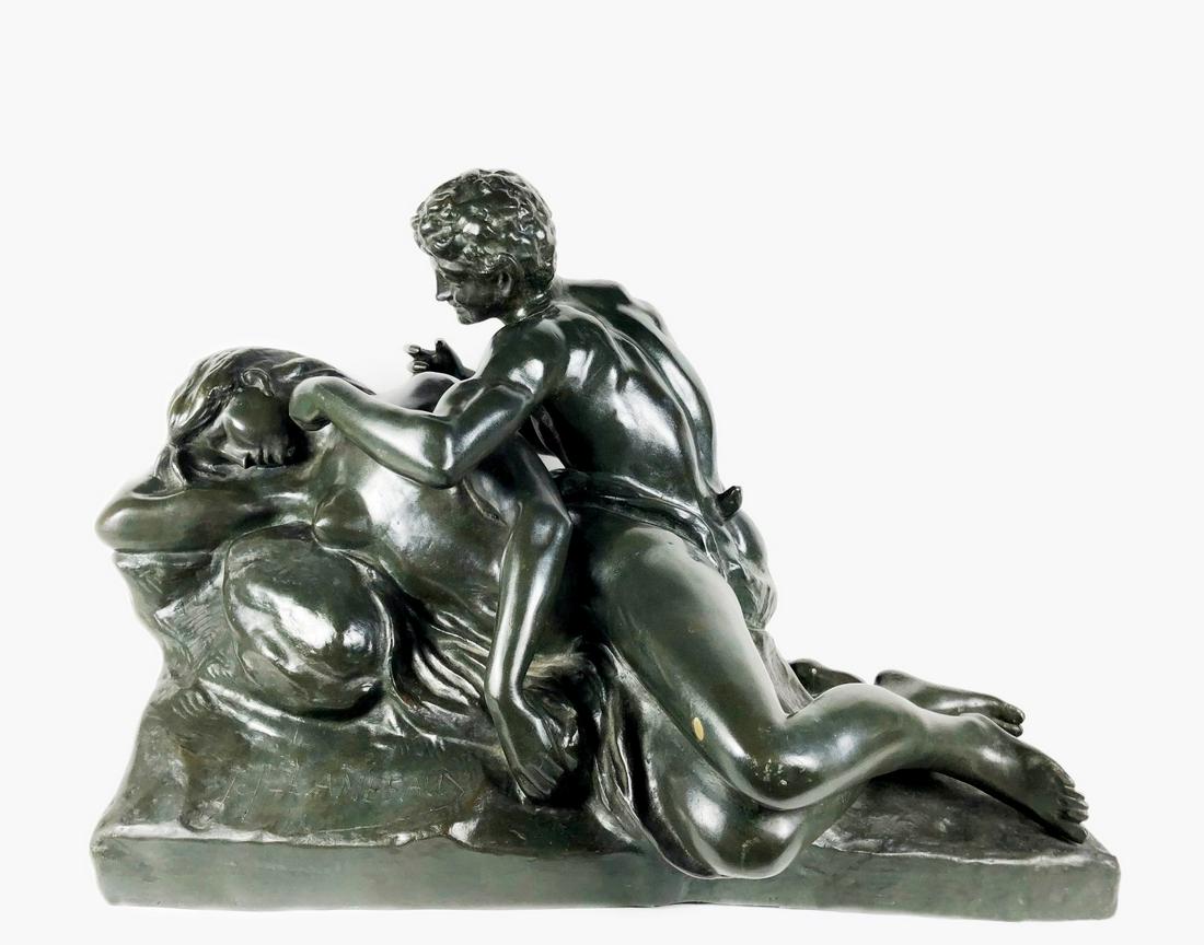 Jef Lambeaux (1852-1908) Figural Bronze Group: Patinated bronze figural group, The Satyr and the Sleeping Nymph, by Jef Lambeaux (1852-1908). Signed. Foundry mark R. Debraz Bruxelles. Approximate height 20 inches. Width 28 inches. Depth 13 inches.
