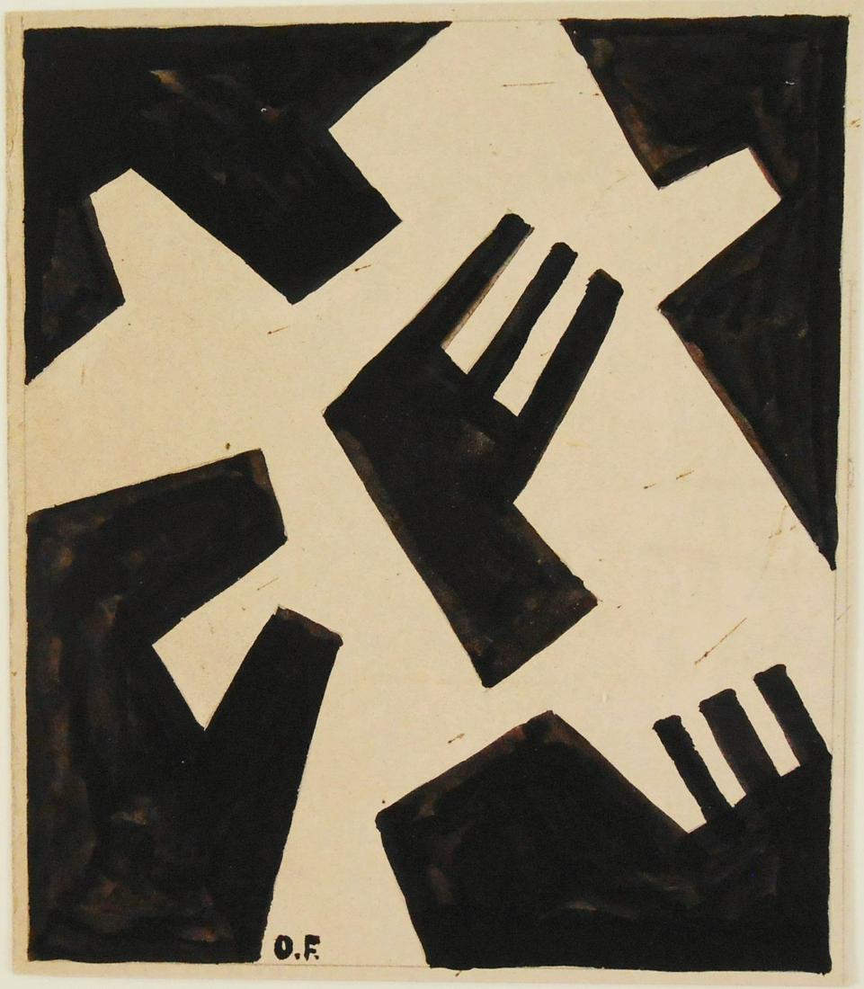 Otto Freundlich (1878-1943) Ink Drawing: Black ink drawing on heavy cardstock, untitled abstract composition, signed with the artist's initials* (Otto Freundlich, 1878-1943). 4 7/8 x 4 1/4 inches. Very good condition overall. Unframed for in