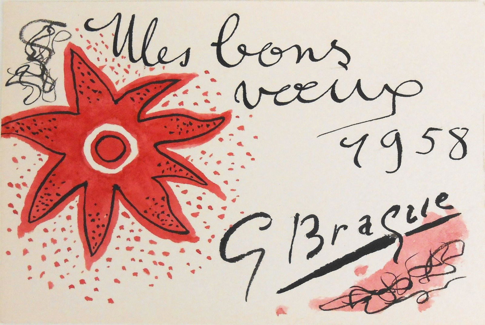 Georges Braque (1882-1963) Greeting Card: Watercolor and black ink on fine quality wove paper, hand-drawn greeting card, "Mes Bons Voeux" (My Good Wishes), signed* and dated 1958. 3 7/8 x 5 7/8 inches. Very good condition. Unframed.Provenance
