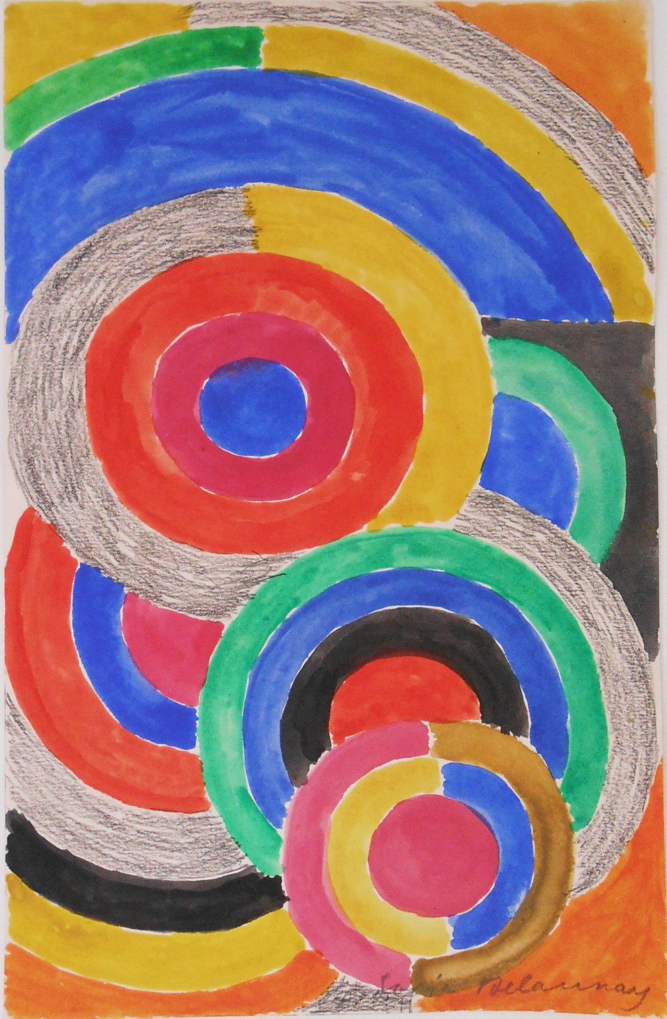 Sonia Delaunay (1885-1979) Watercolor: Watercolor and gouache with graphite on wove paper, untitled abstract, signed* (Sonia Delaunay, 1885-1979). 9 x 5 3/4 inches. Good condition overall. Unframed for inspection and shipping. Sold without