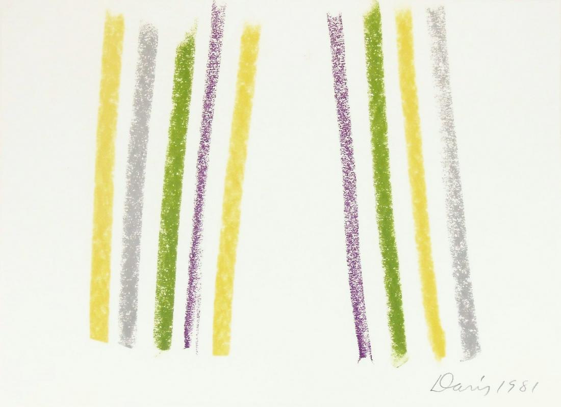 Gene Davis (1920-1985) Pastel On Paper: Pastel on fine wove drawing paper, vertical stripes, pencil signed and dated* (Gene Davis, 1920-1985). 10 1/8 x 14 inches. Very good condition. Has been removed from its frame for inspection and shipp