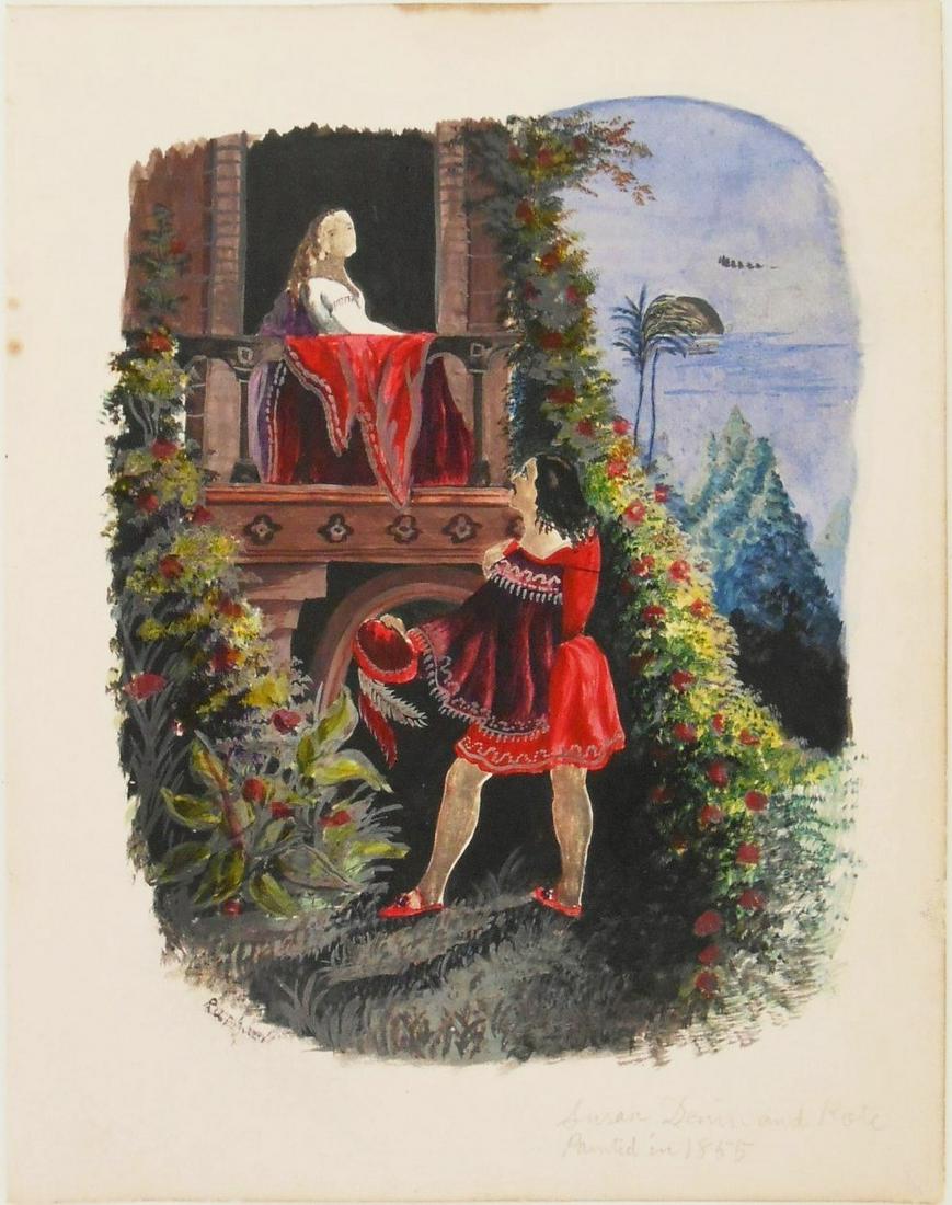 19th Century Watercolor & Gouache, Circa 1855: Watercolor and gouache on wove paper, scene from Romeo and Juliet, unsigned but inscribed "Susan Denin and Kate painted in 1855." 7 1/2 x 6 inches. Sold unframed.Lot Note: Kate Denin (1837-1907) was a