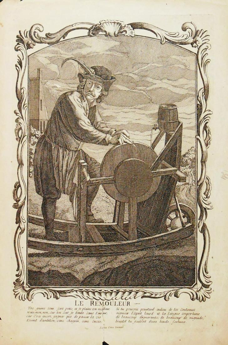 French Engraving, Circa 1825: "Le Remouleur," printed by Chez Joubert, circa 1825. 14 3/8 x 9 5/8 inches. Margin tears and creases. Currently unframed.