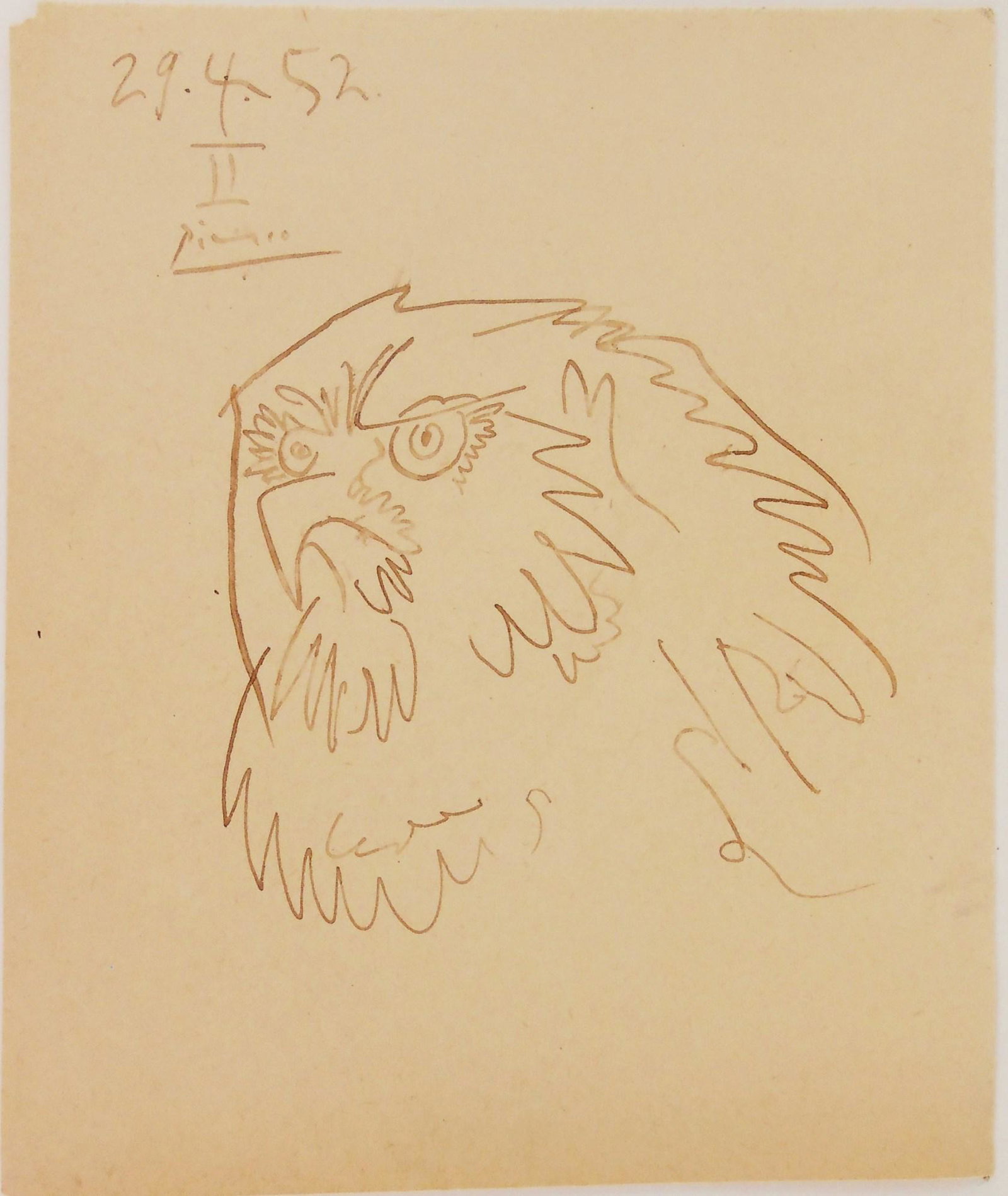 Pablo Picasso (1881-1973) Ink Drawing: Pen and brown ink drawing on cream-colored wove paper, portrait of an owl, signed* (Pablo Picasso, 1881-1973). Dated 29.4.52. 7 3/4 x 6 1/2 inches. Very good overall condition. Unframed for inspection