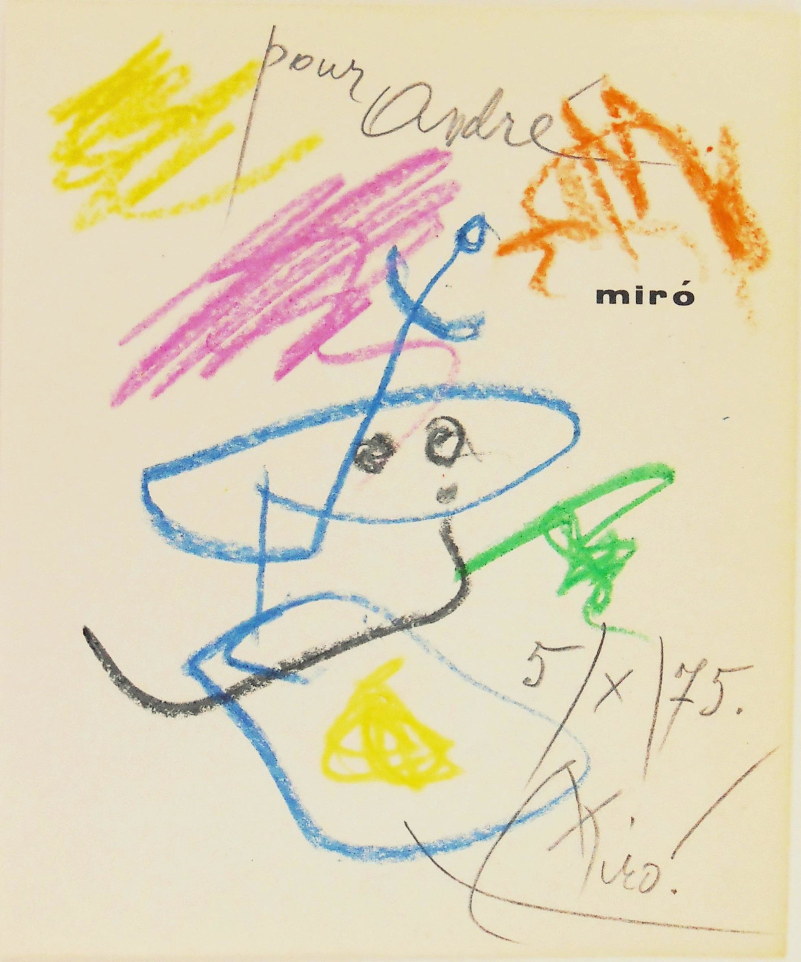 Joan Miro (1893-1983) Title Page Drawing: Crayon drawing on printed book page, untitled souvenir drawing, pencil signed* (Joan Miro, 1893-1983), dated and inscribed. 6 3/4 x 5 1/2 inches. Excellent condition, having no apparent damage or repa