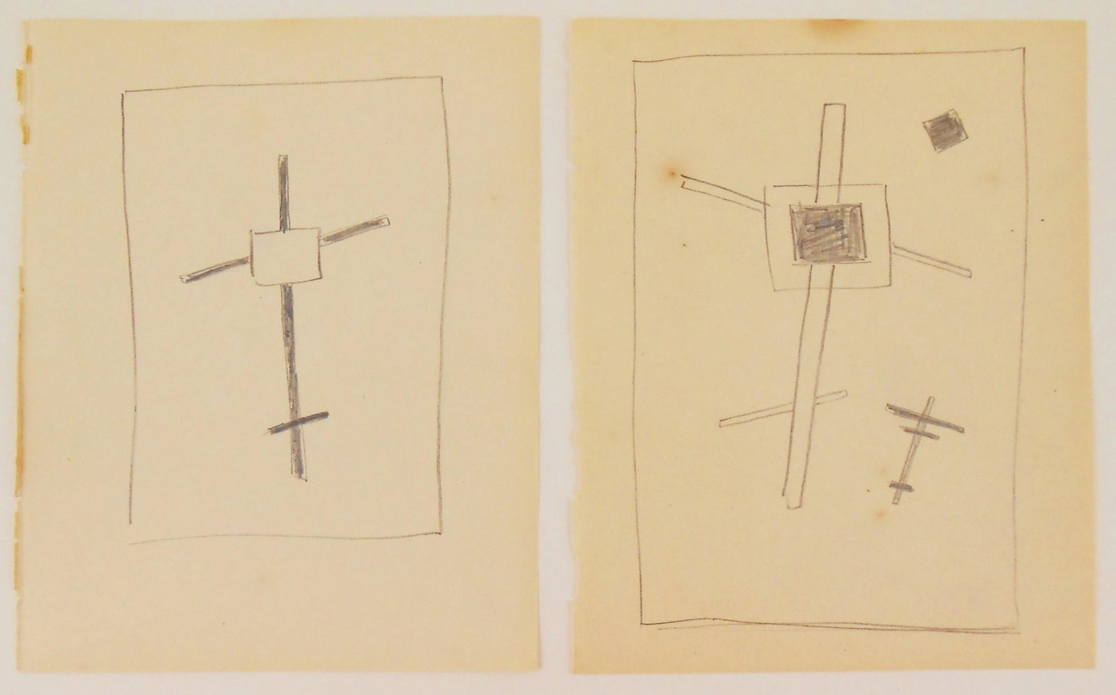 Kasimir Malevich (1878-1935) Pencil Drawings: Two pencil drawings on thin wove paper, abstract Suprematist studies, unsigned* (Kasimir Sevrinovitch Malevich, 1878-1935). Each 7 1/2 x 5 7/8 inches. Some staining and foxing to paper, otherwise good