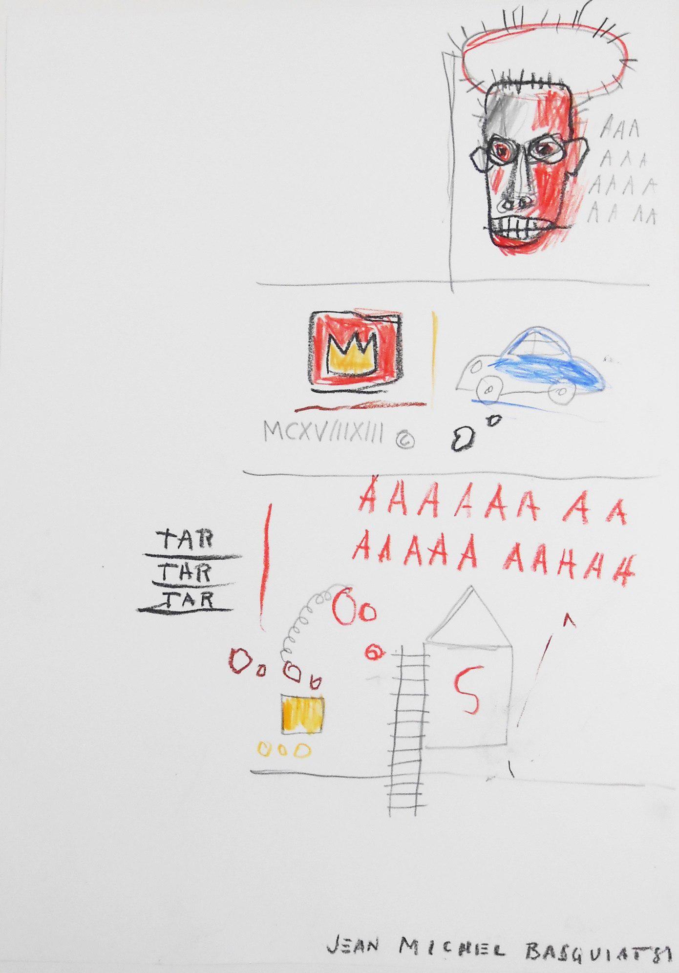 Jean-Michel Basquiat (1960-1988) Mixed Media: Mixed media drawing on wove paper, untitled, signed* (Jean-Michel Basquiat, 1960-1988). Dated 1981. 21 1/8 x 15 1/4 inches. Unframed for inspection and shipping. Sold without frame. Provenance: Proper