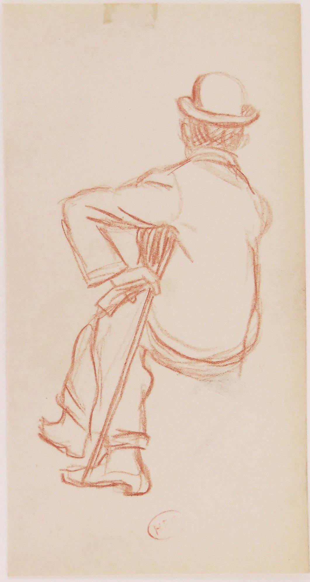 Henri Edmund Cross (1856-1910) Sanguine Sketch: Sanguine drawing on wove paper, man seated holding a cane or brace, signed* with the artist's studio stamp (Henri Edmund Cross, 1856-1910). 7 3/4 x 4 inches. Good condition overall; apparently part of