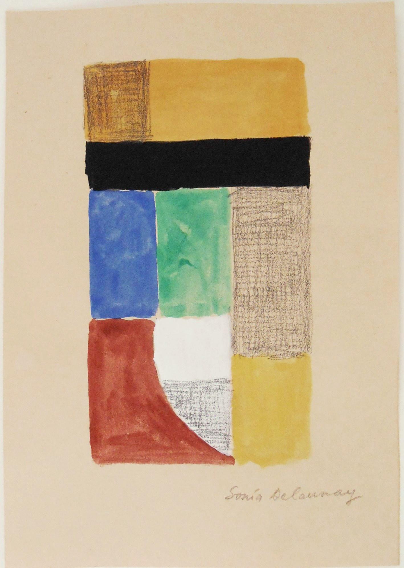 Sonia Delaunay (1885-1979) Watercolor: Watercolor and gouache with graphite on cream colored wove paper, untitled abstract, signed* (Sonia Delaunay, 1885-1979). 8 1/4 x 5 3/4 inches. Good condition overall. Unframed for inspection and ship