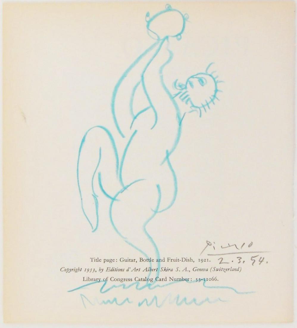 Pablo Picasso (1881-1973) Colored Pencil Sketch: Blue colored pencil drawing, dancing figure, executed on the reverse of the title page to "Picasso," published in 1953 by Skira. Pencil signed* and dated (Pablo Picasso, 1881-1973). 6 3/4 x 6 1/4 inch