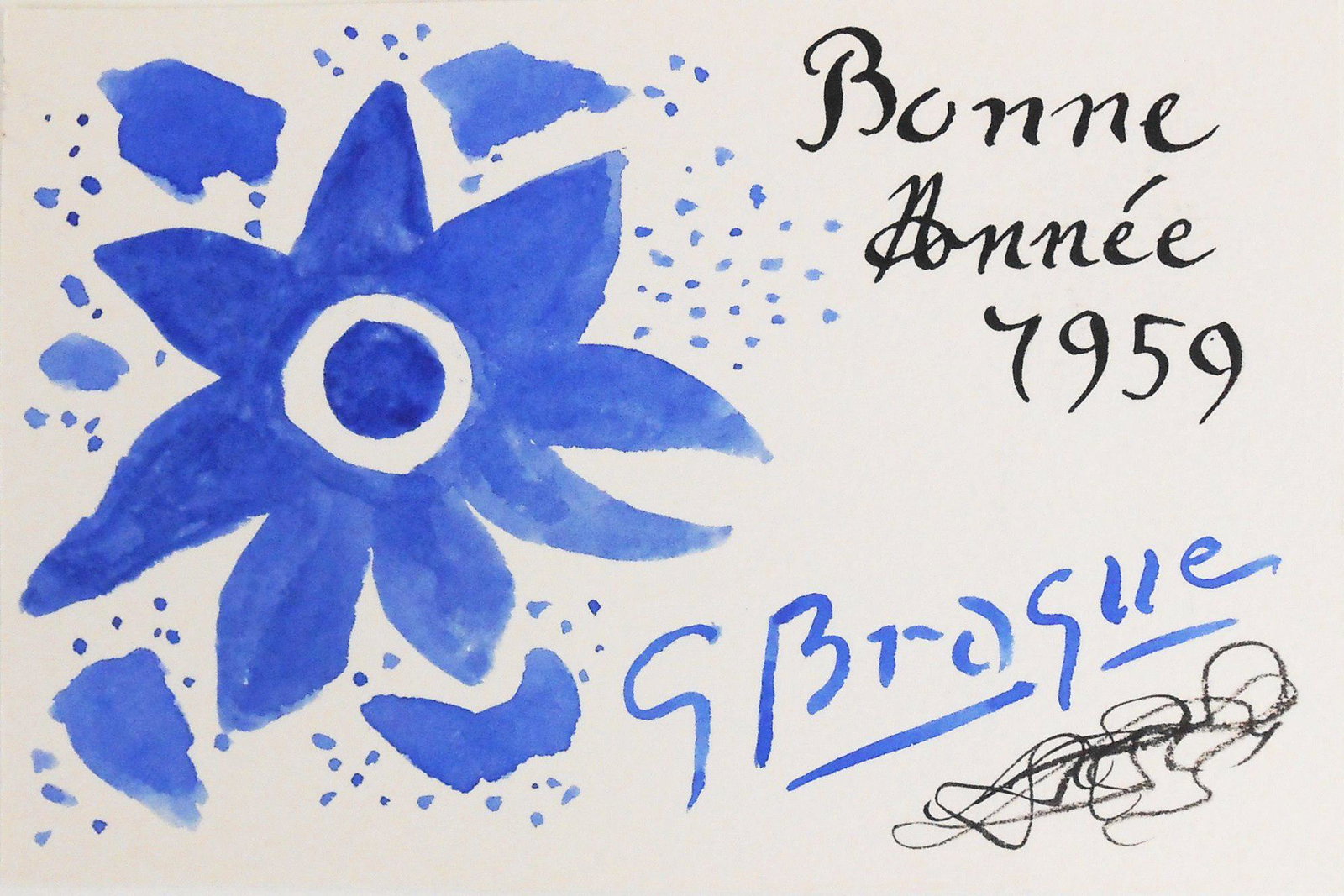 Georges Braque (1882-1963) Greeting Card: Watercolor and black ink on fine quality wove paper, hand-drawn greeting card, "Bonne Annee" (Happy New Year), signed* (Georges Braque, 1882-1963). Dated 1959. 3 7/8 x 5 7/8 inches. Very good conditio