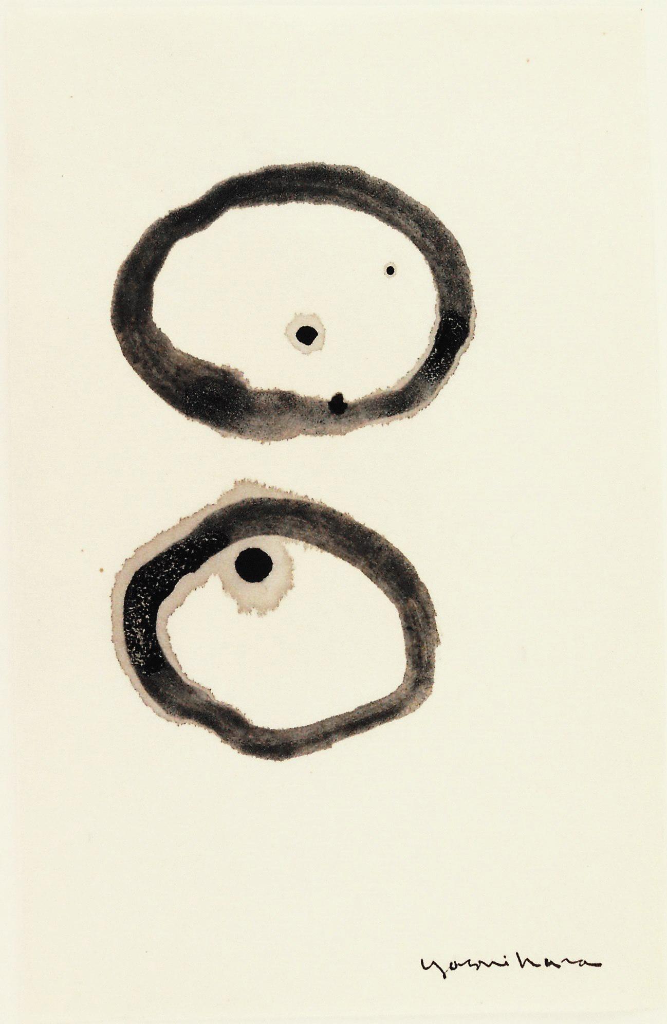 Jiro Yoshihara (1905-1972) Ink Drawing: Black ink drawing on rice paper, untitled composition with circles, signed* (Jiro Yoshihara, 1905-1972). 9 3/4 x 6 1/4 inches. Some minor flaking present due to age, otherwise good condition. Has been