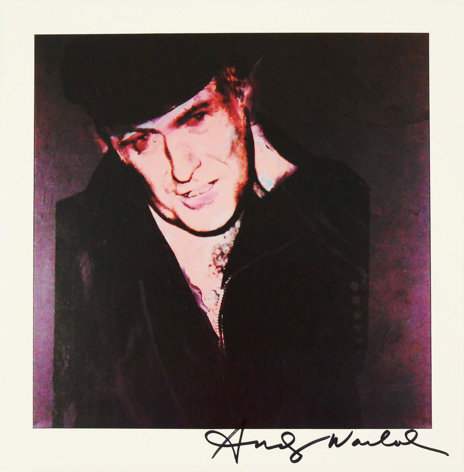 Andy Warhol (1928-1987) Signed Portrait Print: Offset color print, unidentified portrait, by Andy Warhol (1928-1987). Signed (signature attributed but not verified by an expert) upper left. 8 1/2 x 8 3/8 inches. Excellent condition. Currently unfr