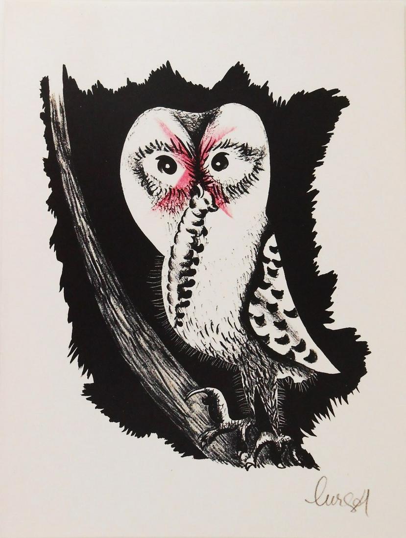 Jean Lurcat (1892-1966) Color Lithograph: Chouette de Bonne Esperance, color lithograph on white wove paper by Jean Lurcat (1892-1966), pencil signed. From the suite, Geographie Animale, first printed in June 1948. Sheet Size: 12 3/8 x 9 1/4 