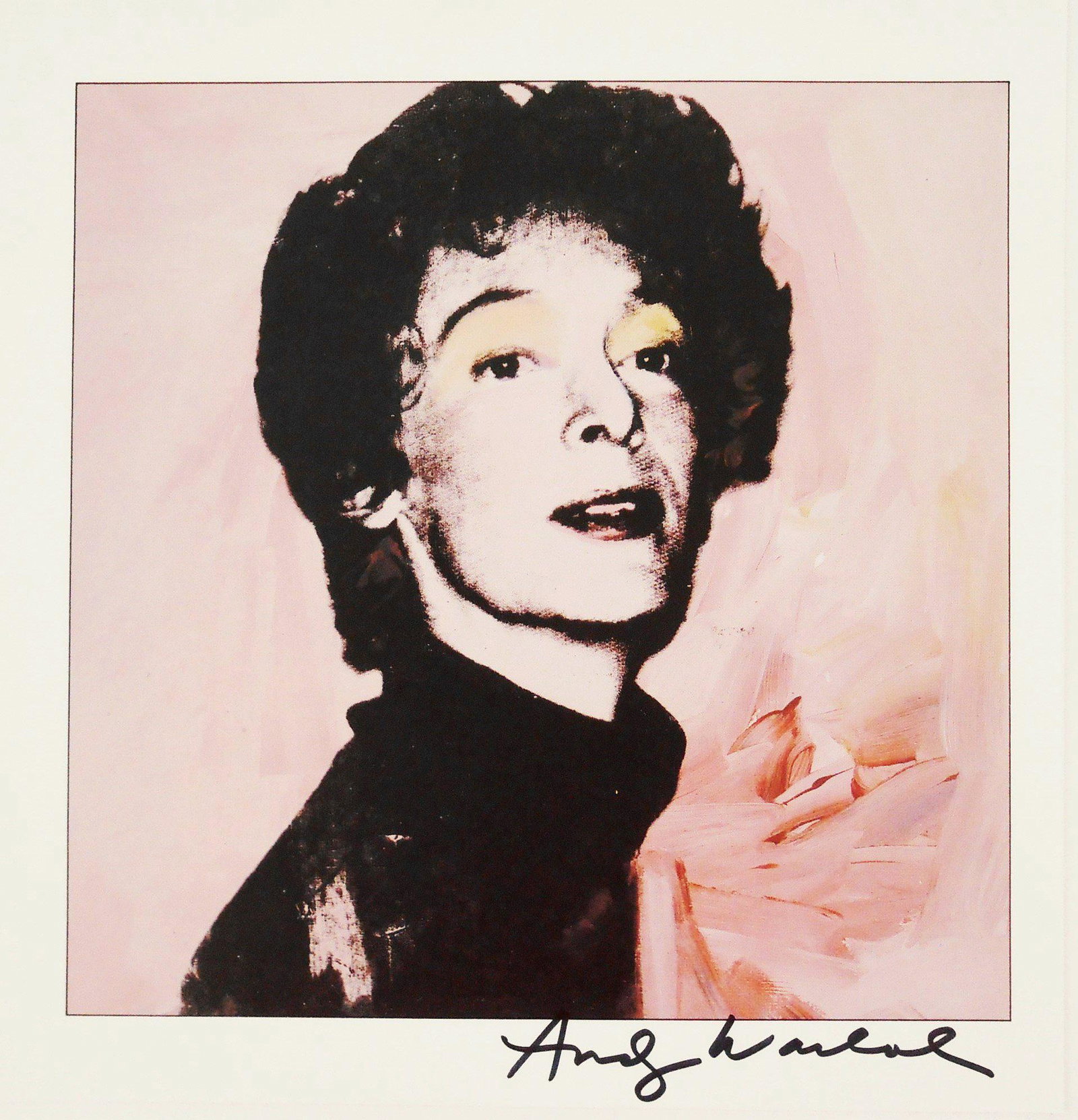 Andy Warhol (1928-1987) Signed Portrait Print: Offset color print, unidentified portrait, by Andy Warhol (1928-1987). Signed (signature attributed but not verified by an expert) upper left. 8 1/2 x 8 3/8 inches. Excellent condition. Currently unfr