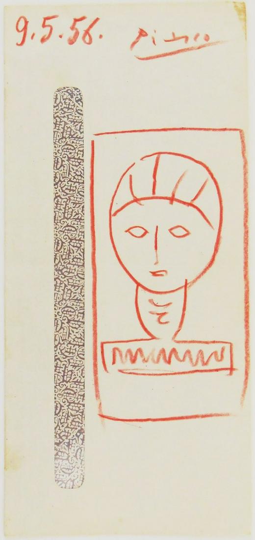 Pablo Picasso (1881-1973) Crayon Sketch: Red pencil sketch executed on a white paper envelope, untitled (bust), signed* (Pablo Picasso, 1881-1973). Dated 1956. 7 7/8 x 3 5/8 inches. Good condition overall. Sold unframed. Provenance: Ex-colle