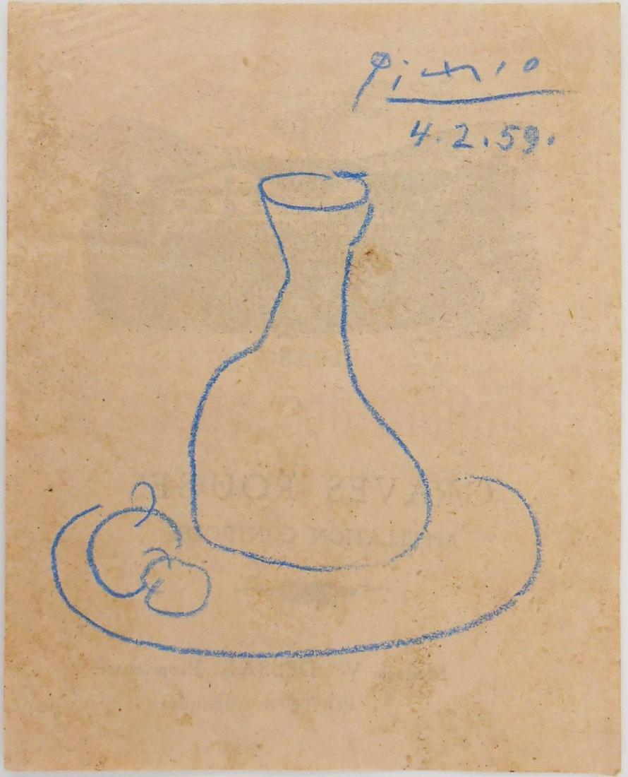Pablo Picasso (1881-1973) Colored Pencil Sketch: Blue pencil souvenir sketch executed on the reverse side of a French wine bottle label, untitled (still life with bottle), signed* (Pablo Picasso, 1881-1973). Dated 4.2.59. 4 7/8 x 3 7/8 inches. Very 