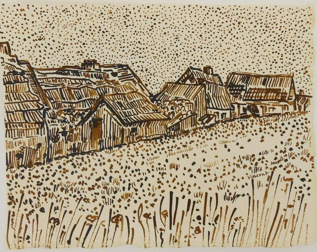 Vincent Van Gogh (1853-1890) Ink Drawing: Pen and ink drawing on fine wove paper, landscape with houses and buildings, signed* (Vincent van Gogh, 1853-1890). 6 1/4 x 8 inches. Very good condition. Unframed for inspection and shipping. Sold wi