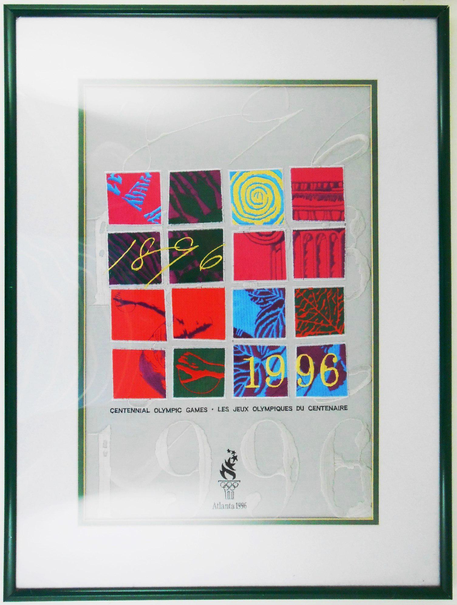 1996 Olympic Embroidery: Limited edition 1996 Olympic embroidery by Lion Brothers. Numbered edition 34/1000. Framed dimensions 24 1/4 x 18 1/4 inches. Very good condition.