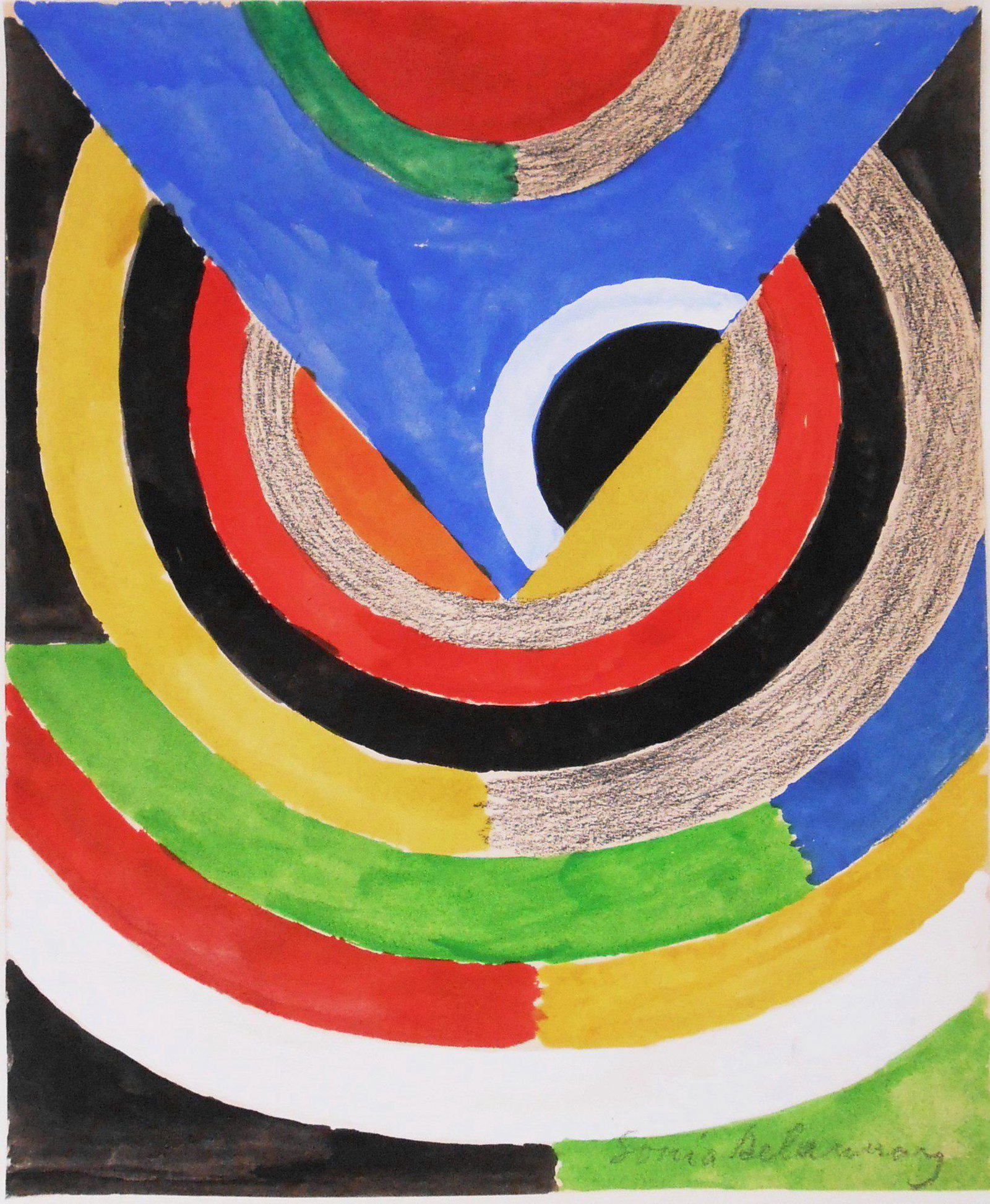 Sonia Delaunay (1885-1979) Watercolor: Watercolor and gouache with graphite on heavy wove paper, untitled abstract, signed* (Sonia Delaunay, 1885-1979). 8 1/2 x 7 inches. Good condition overall. Unframed for inspection and shipping. Sold w