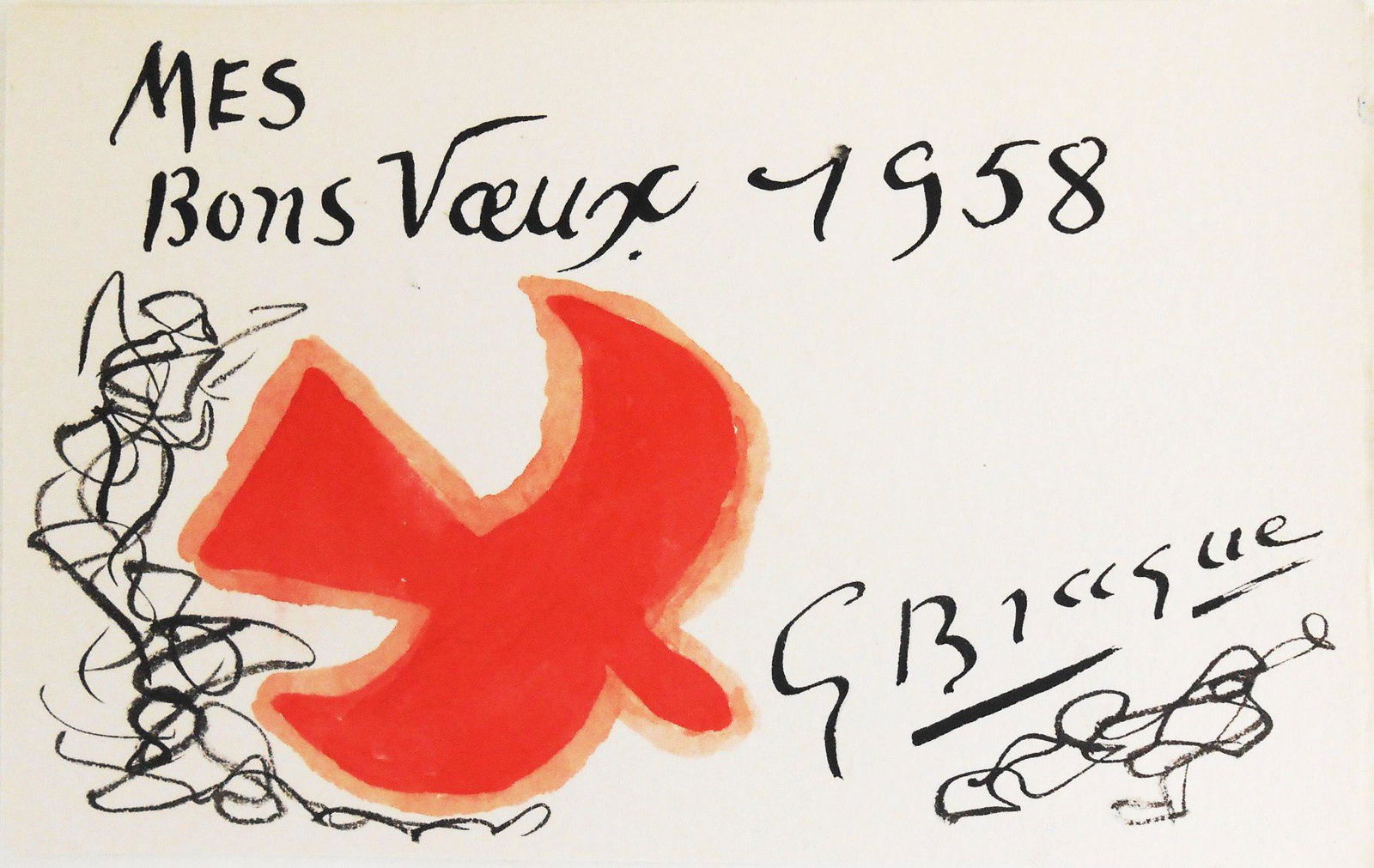 Georges Braque (1882-1963) Greeting Card: Watercolor and black ink on fine quality wove paper, hand-drawn greeting card, "Mes Bons Voeux" (My Good Wishes), signed* and dated 1958. 3 3/4 x 6 inches. Very good condition. Unframed.Provenance: Ac
